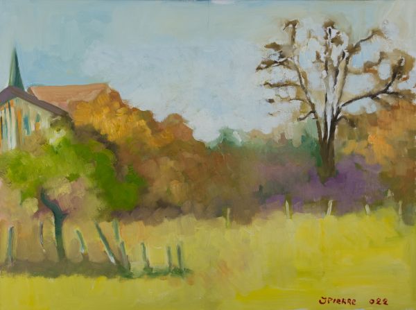 Vallée verdoyante avec collines, arbres et quelques maisons sous un ciel doux